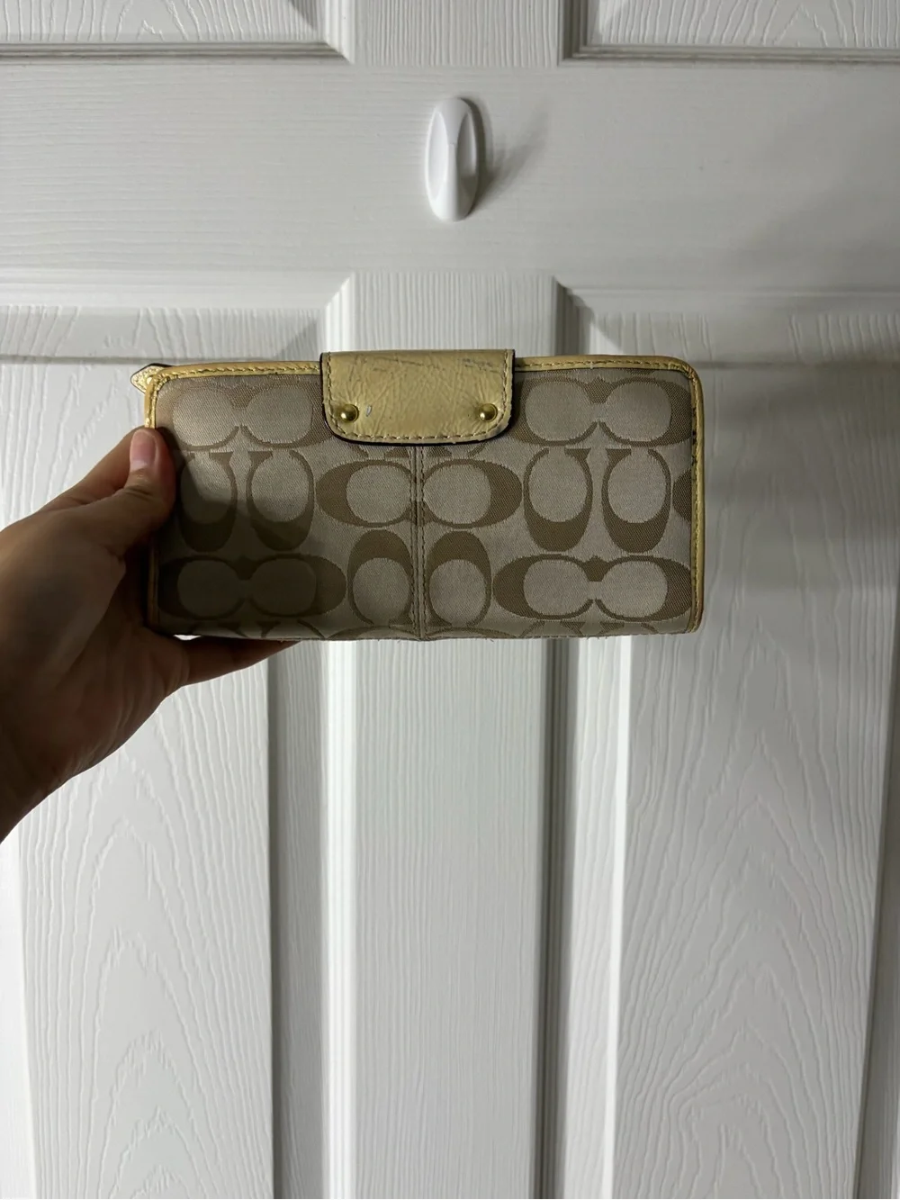 Coach Beige Signature Canvas Wallet with Yellow Trim